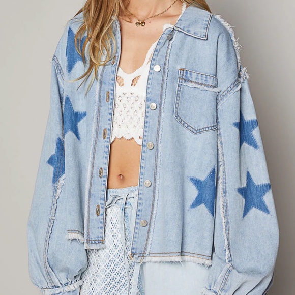 POL Jackets & Blazers - POL Star Patch Raw Hem Button Up Denim Lightweight Shacket relaxed oversized fit